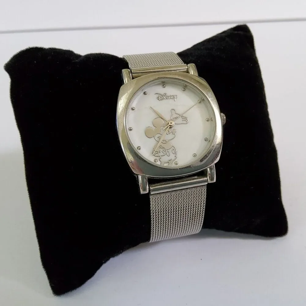 Disney By Accutime MK2010 Silver Tone Mother of Pearl Dial Quartz Watch New Batt